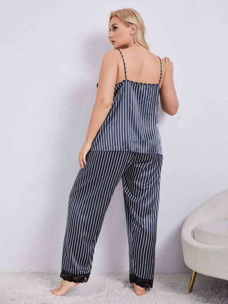 Plus Size Vertical Stripe Lace Trim Cami and Pants Pajama Set Shapelust