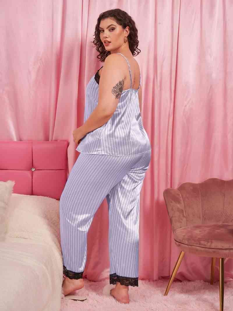 Plus Size Vertical Stripe Lace Trim Cami and Pants Pajama Set Shapelust