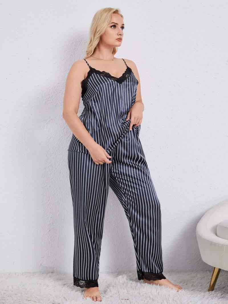 Plus Size Vertical Stripe Lace Trim Cami and Pants Pajama Set Shapelust