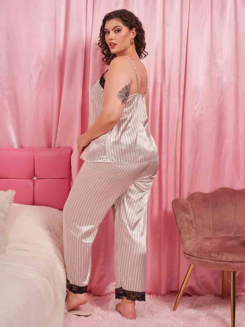 Plus Size Vertical Stripe Lace Trim Cami and Pants Pajama Set Shapelust