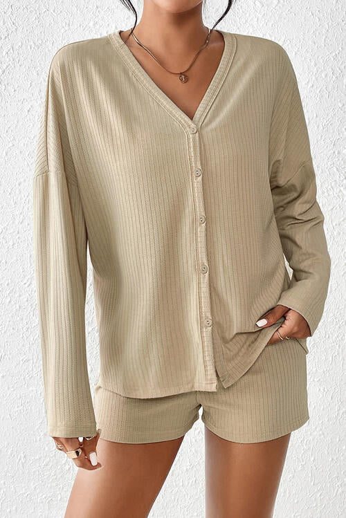 Ribbed Button-Up Top and Shorts Set Shapelust