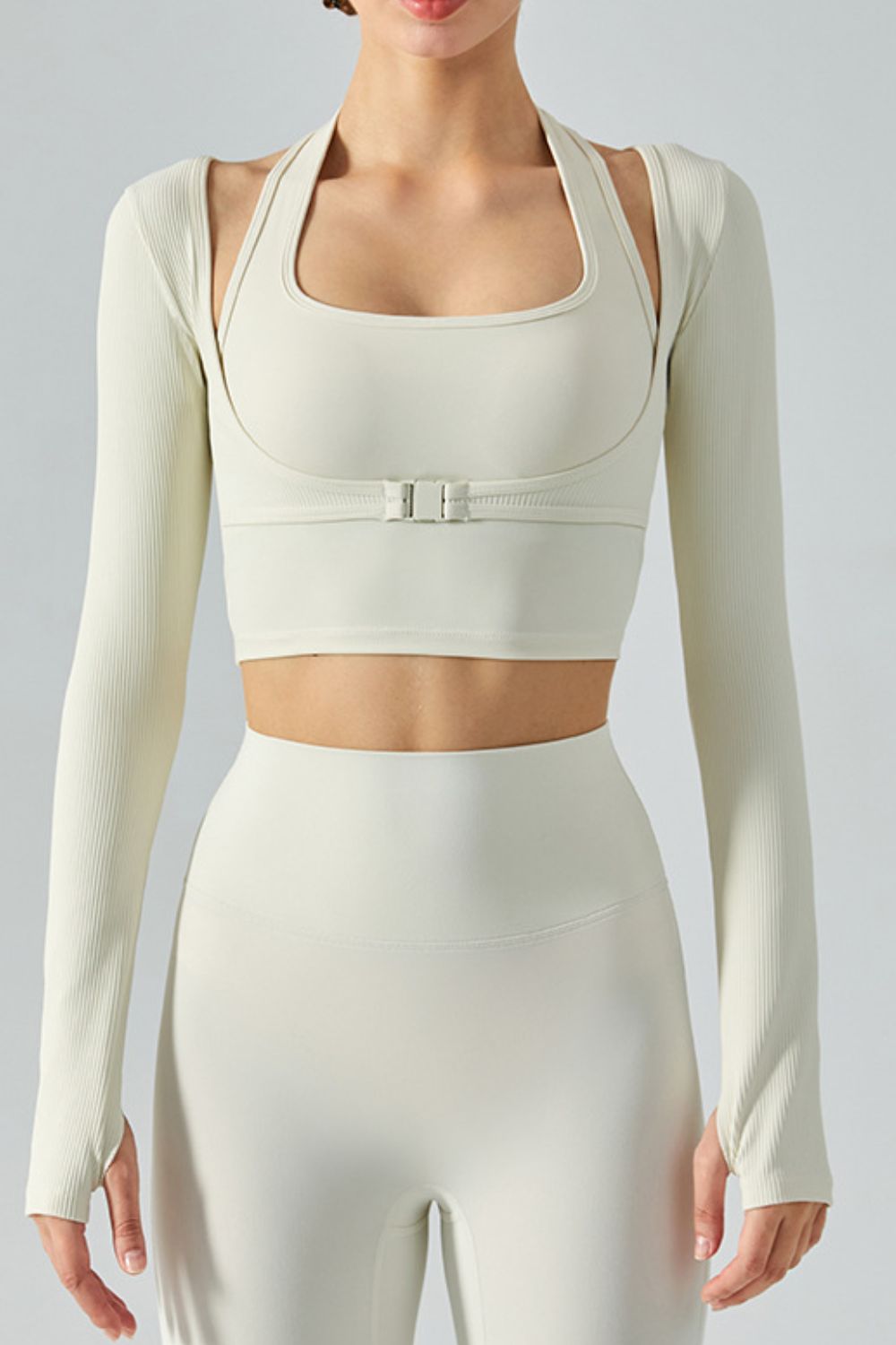 Ribbed Faux Layered Halter Neck Cropped Sports Top Shapelust