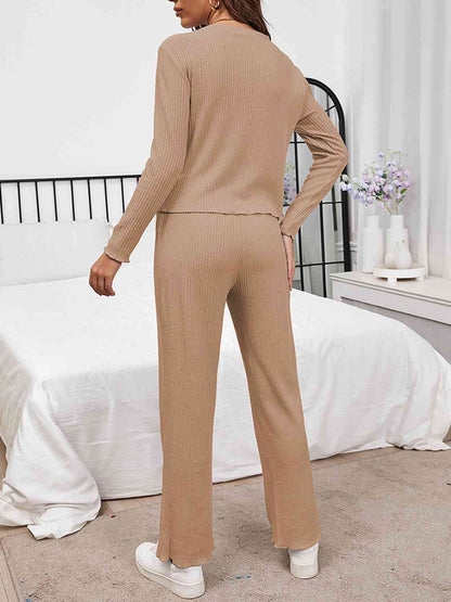 Round Neck Long Sleeve Top and Drawstring Pants Lounge Set Shapelust
