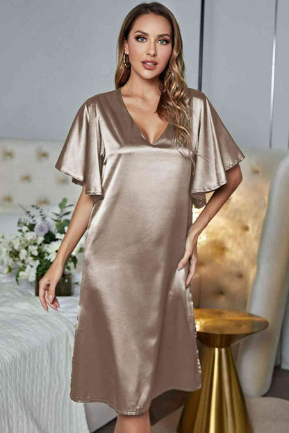 Satin Flutter Sleeve Side Slit V-Neck Night Dress Shapelust