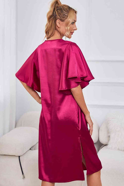 Satin Flutter Sleeve Side Slit V-Neck Night Dress Shapelust