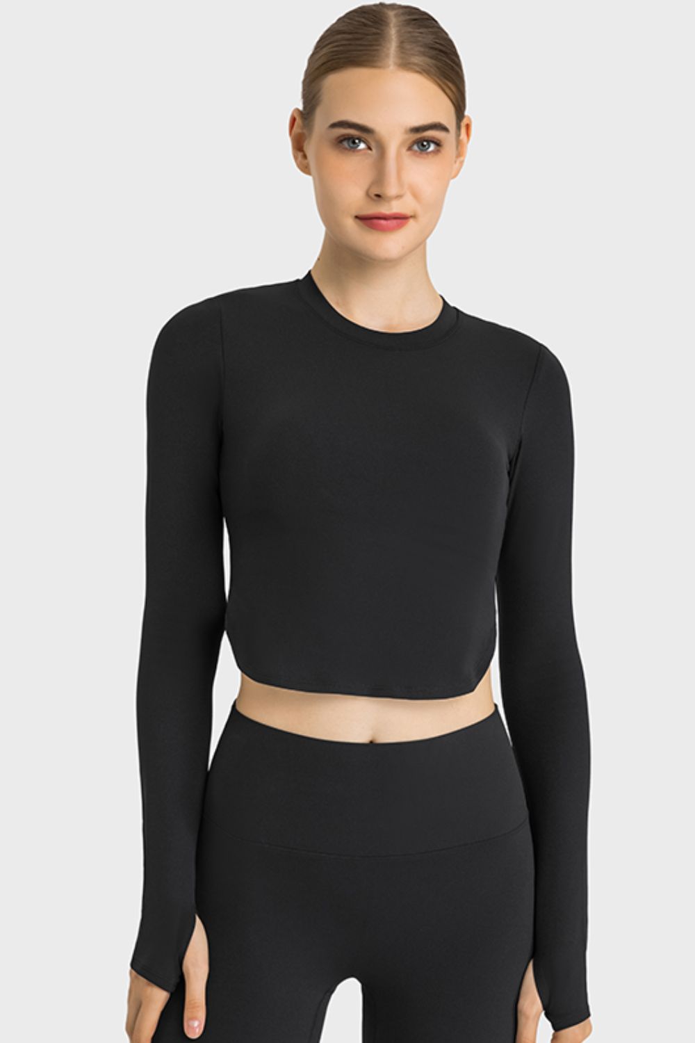 Side Slit Long Sleeve Round Neck Crop Top Shapelust