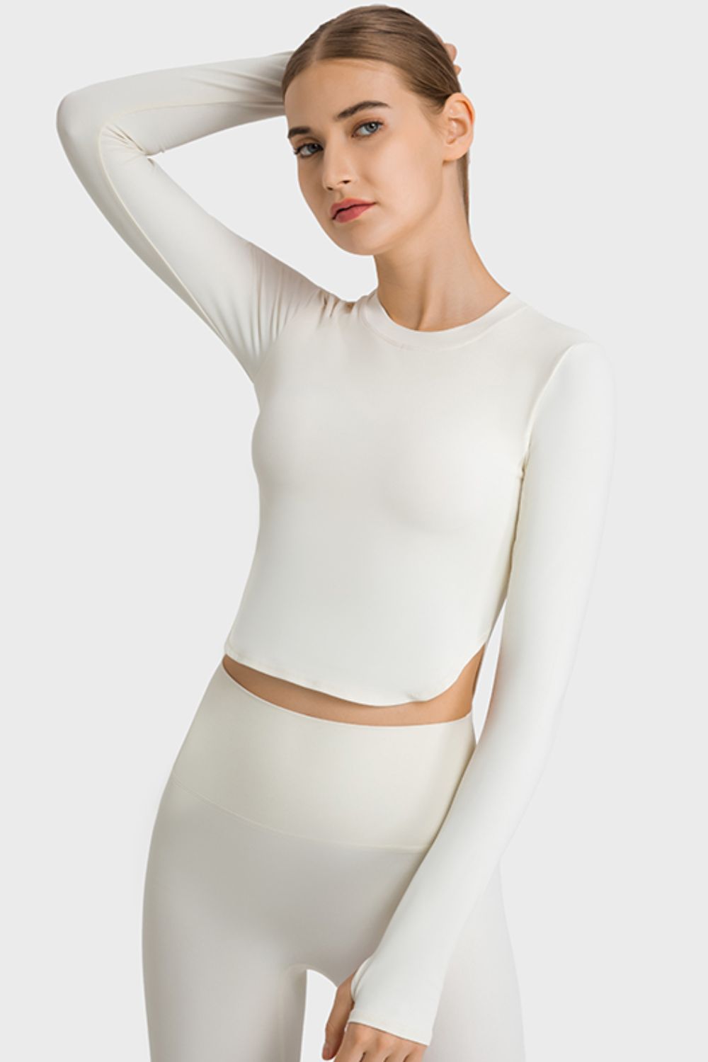 Side Slit Long Sleeve Round Neck Crop Top Shapelust