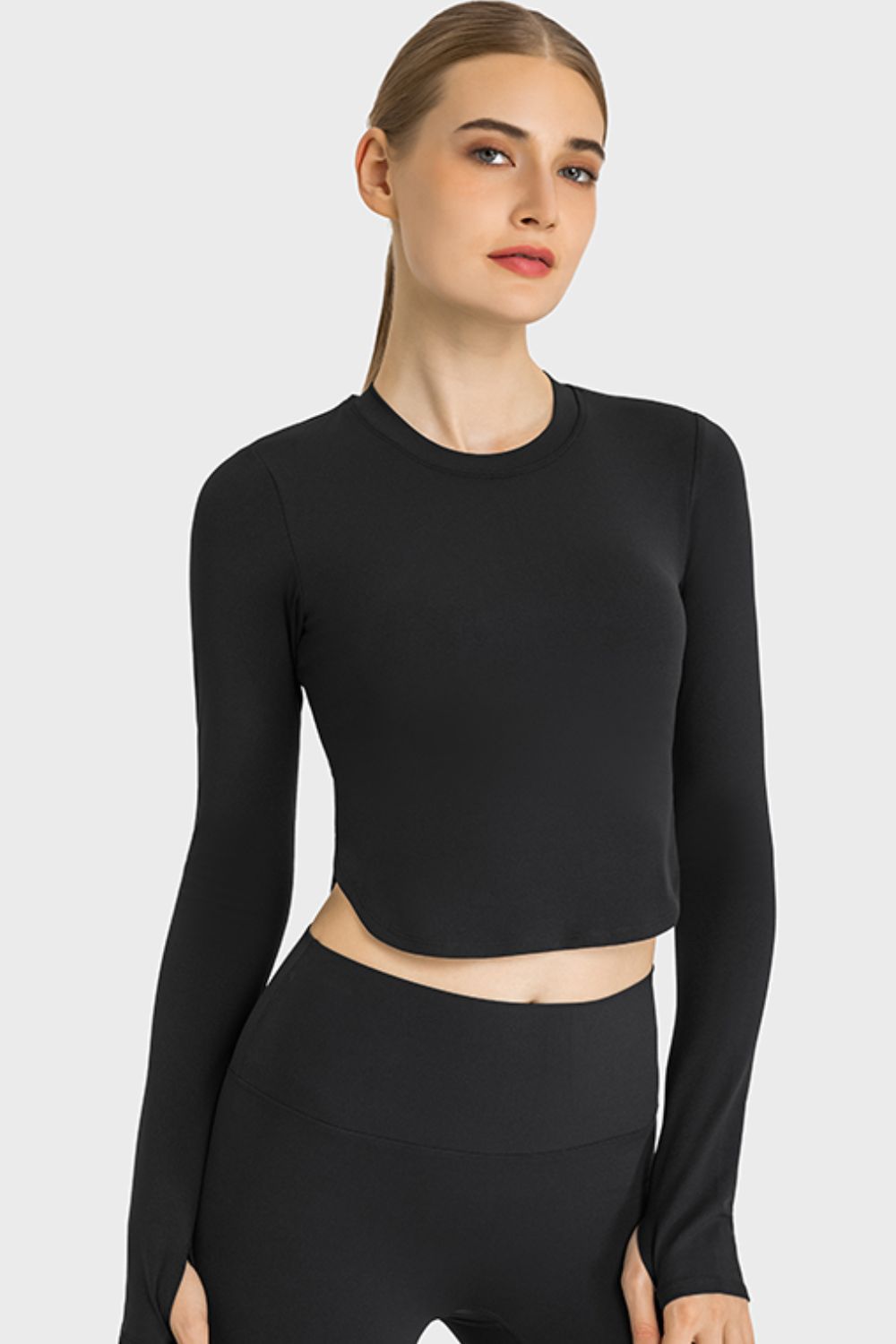 Side Slit Long Sleeve Round Neck Crop Top Shapelust