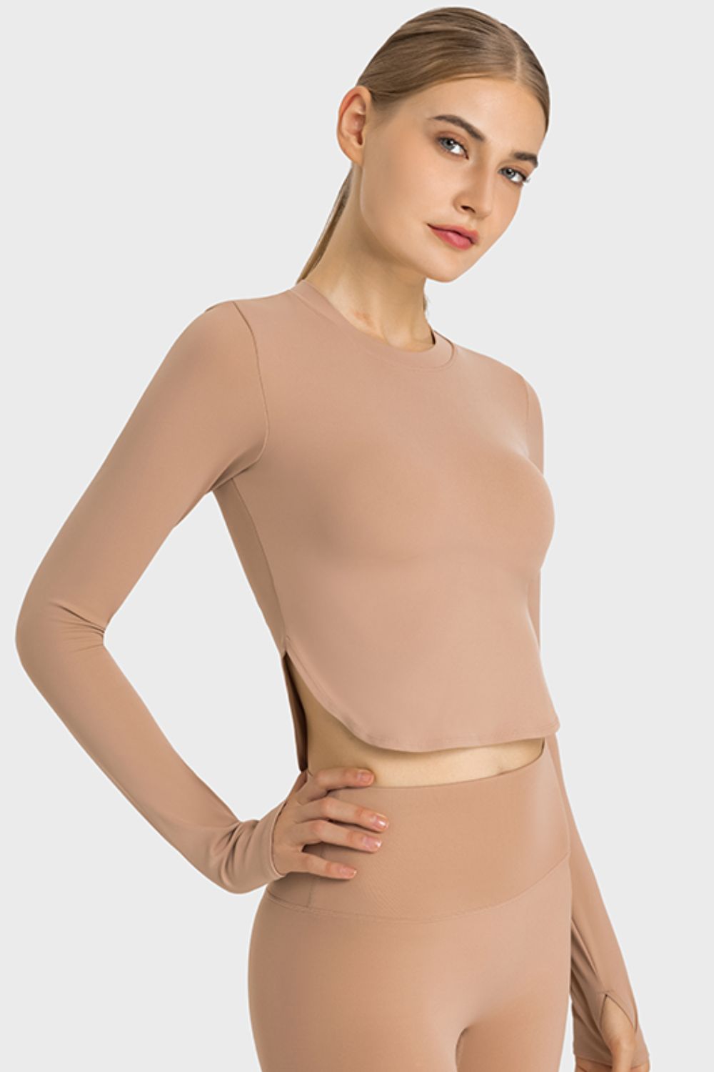 Side Slit Long Sleeve Round Neck Crop Top Shapelust