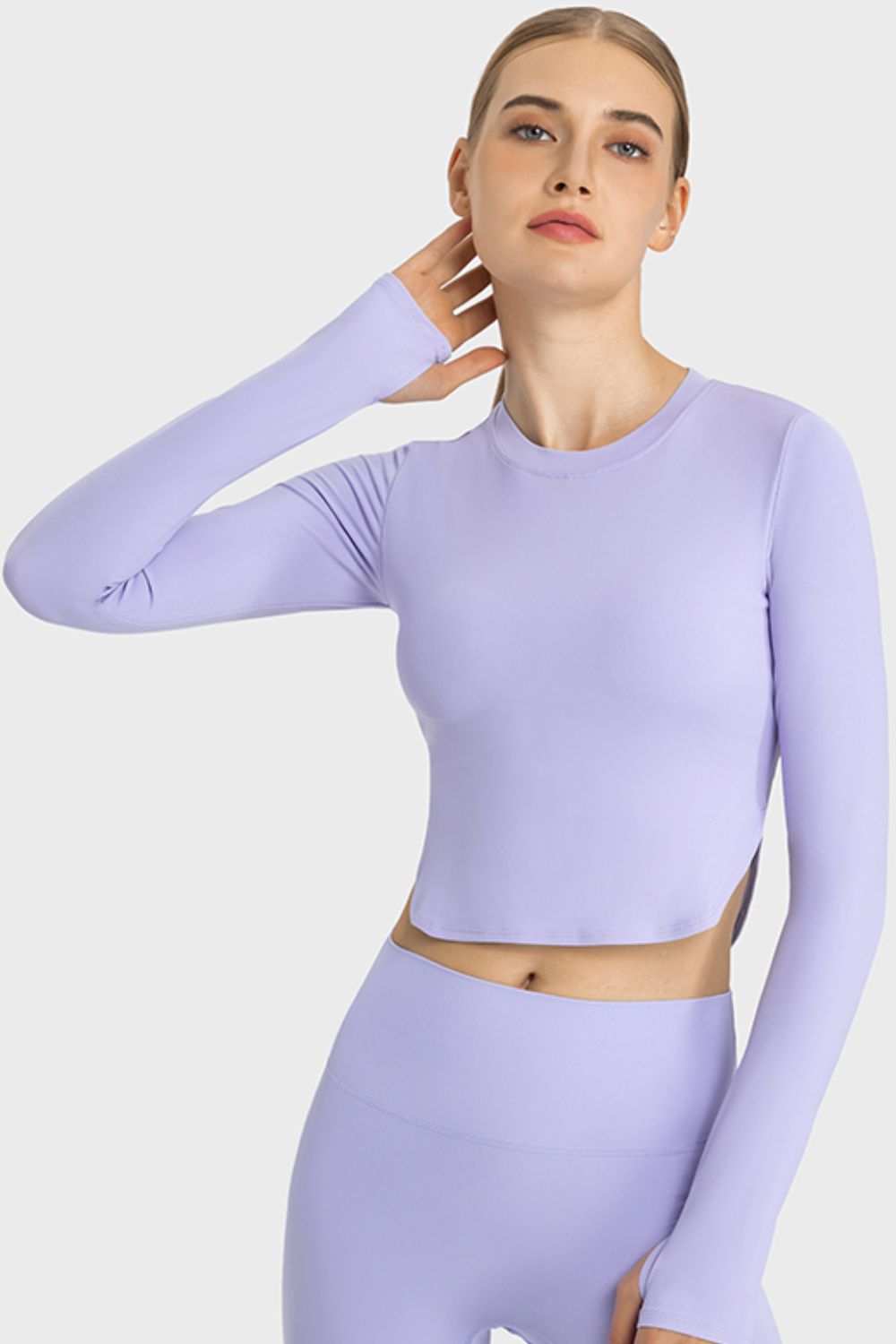 Side Slit Long Sleeve Round Neck Crop Top Shapelust