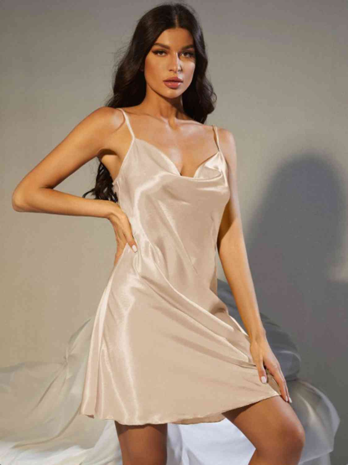 Spaghetti Strap Cowl Neck Satin Night Dress Shapelust