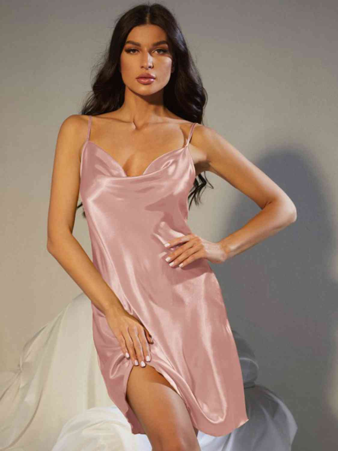 Spaghetti Strap Cowl Neck Satin Night Dress Shapelust