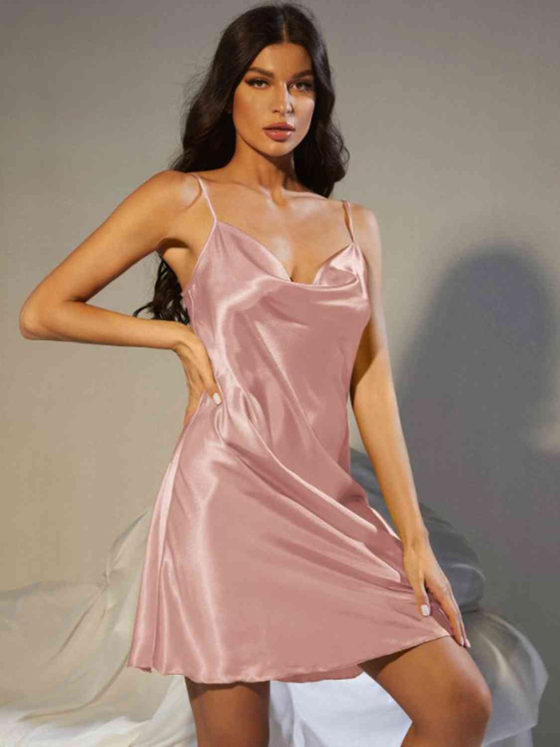 Spaghetti Strap Cowl Neck Satin Night Dress Shapelust