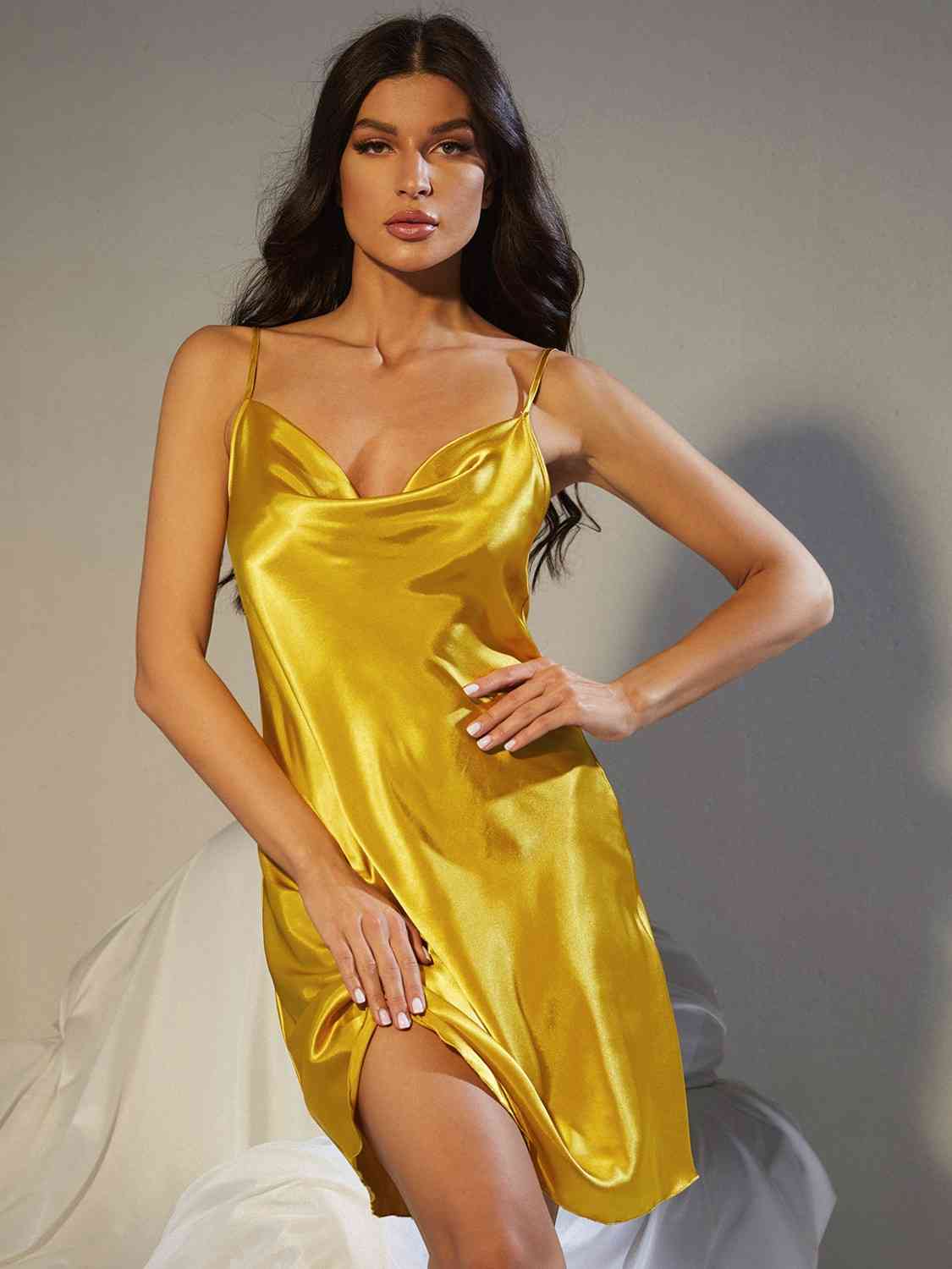 Spaghetti Strap Cowl Neck Satin Night Dress Shapelust