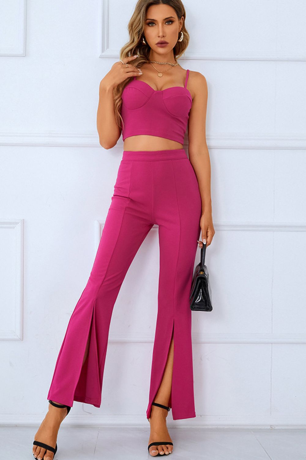 Sweetheart Neck Sports Cami and Slit Ankle Flare Pants Set Shapelust