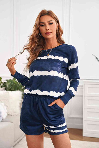 Tie-dyed Stripes Long Sleeve Shorts Lounge Set Shapelust